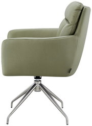 Seitenansicht eines grünen Armlehnstuhls mit Metallbeinen