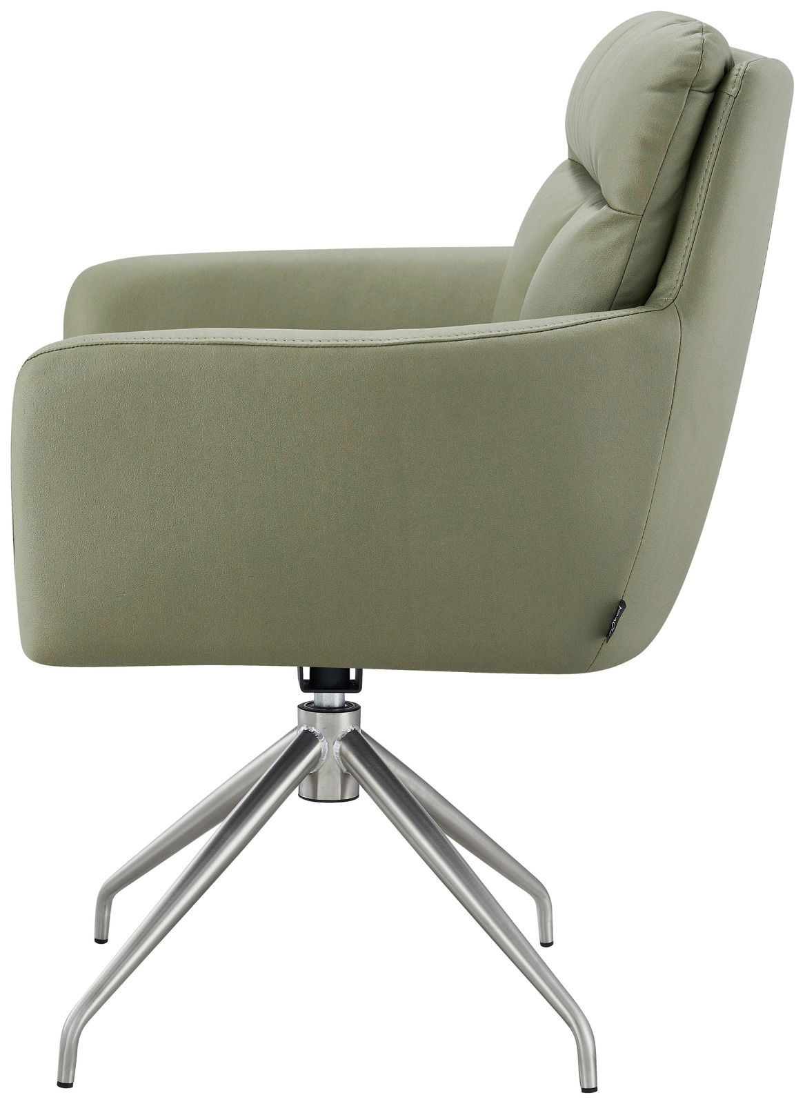 Seitenansicht eines grünen Armlehnstuhls mit Metallbeinen