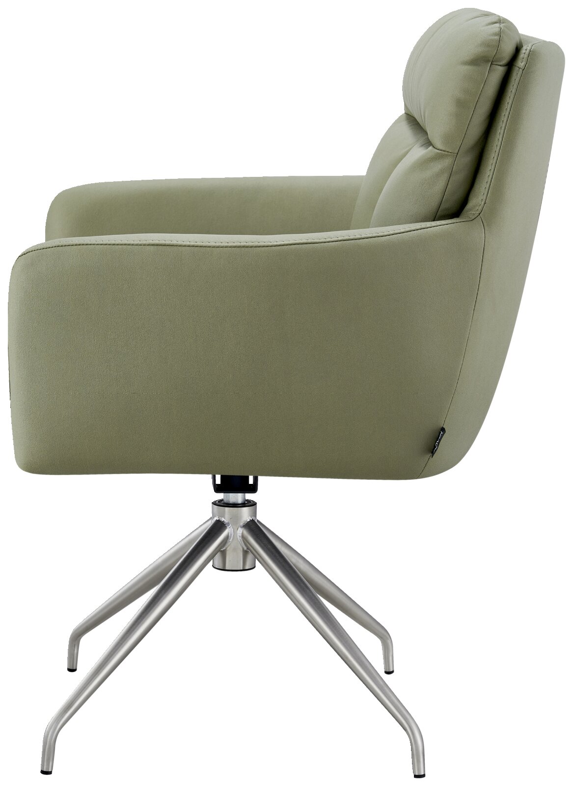 Zijaanzicht van een groene fauteuil met metalen poten