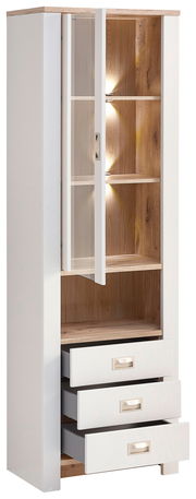 Vitrine mit weißem Korpus, Holzelementen und Glastür, beleuchtet, mit drei Schubladen, Frontalansicht