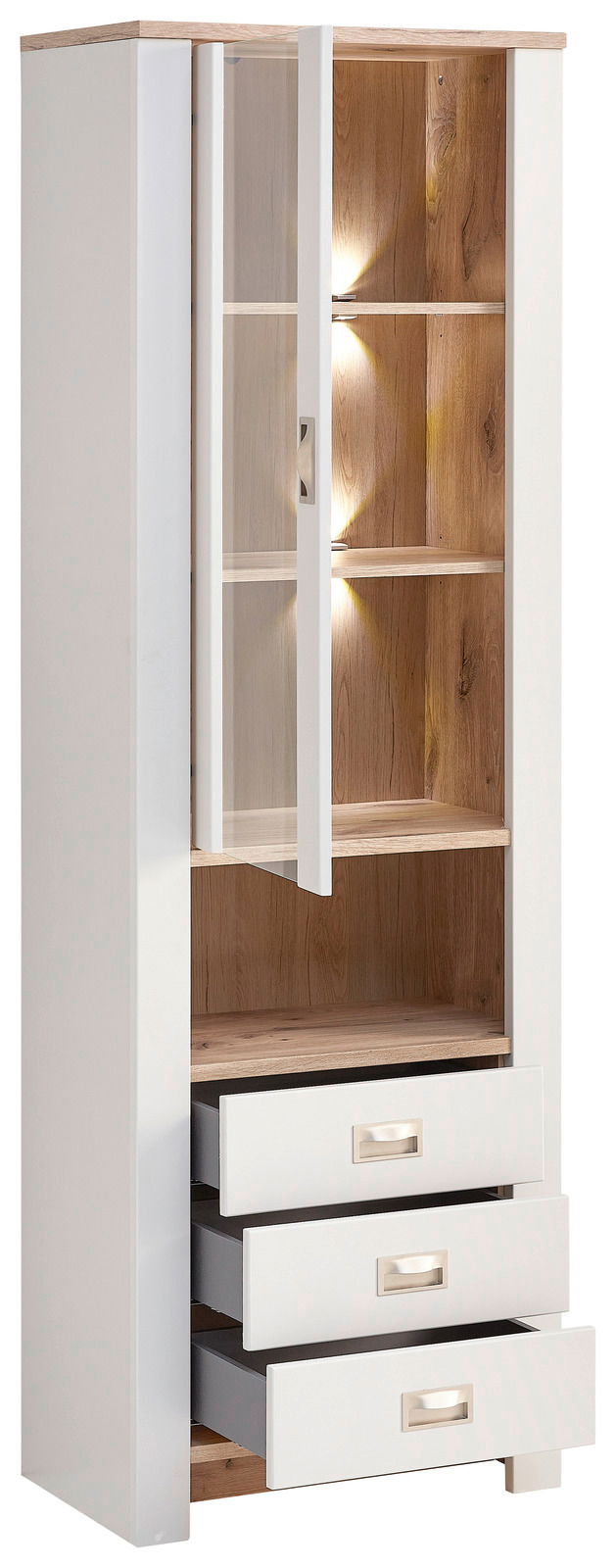 Vitrine mit weißem Korpus, Holzelementen und Glastür, beleuchtet, mit drei Schubladen, Frontalansicht