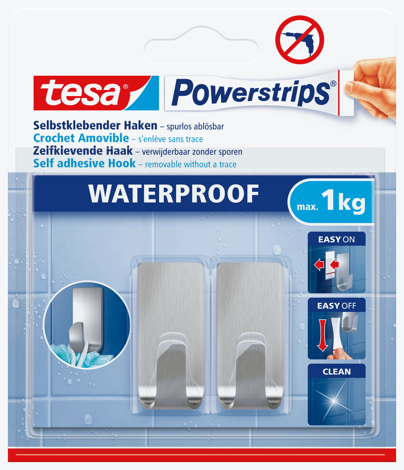 Zwei selbstklebende, wasserdichte Haken von tesa Powerstrips, geeignet für glatte Oberflächen, mit einer Tragkraft von bis zu 1 kg, in Frontalansicht.