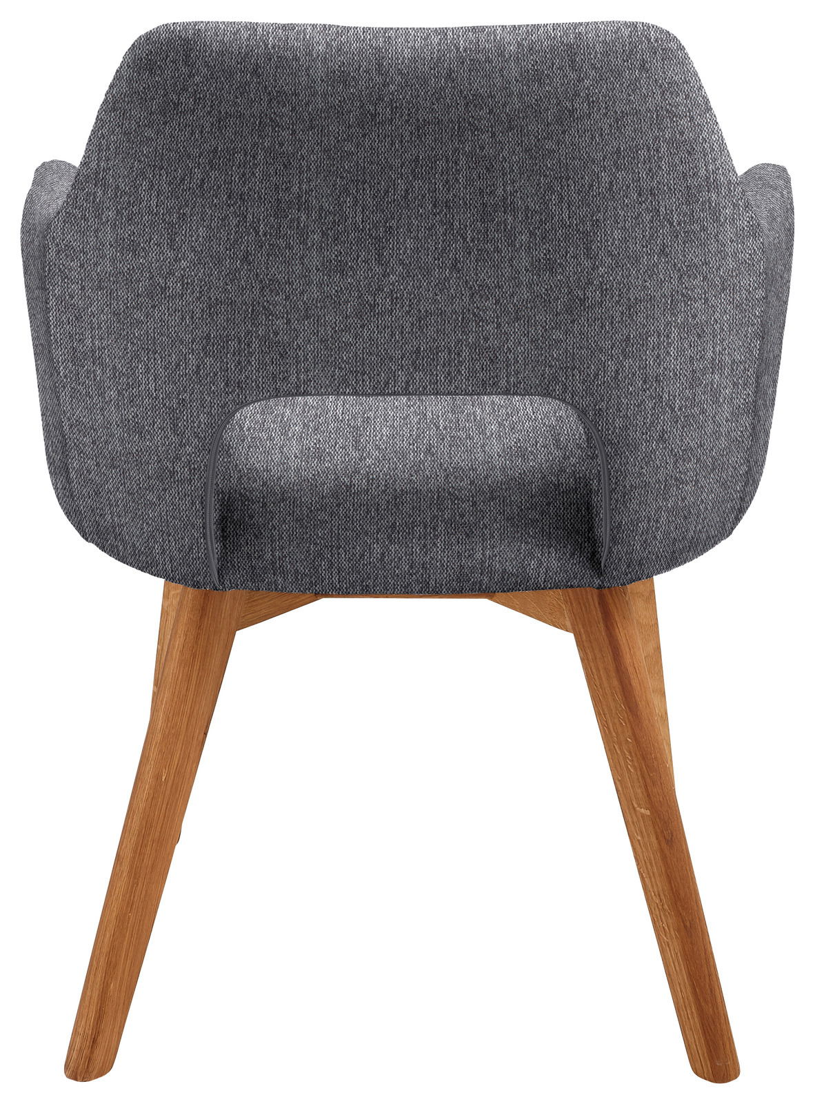 Rückansicht eines grauen Sessels mit Holzbeinen