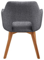 Rückansicht eines grauen Sessels mit Holzbeinen