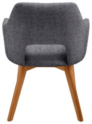 Achterkant van een grijze fauteuil met houten poten