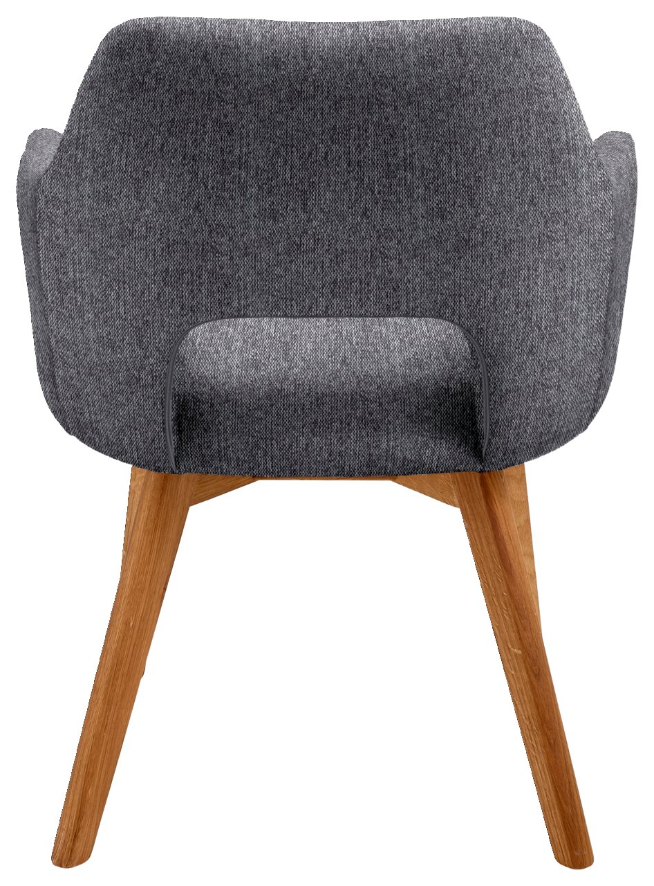 Achterkant van een grijze fauteuil met houten poten