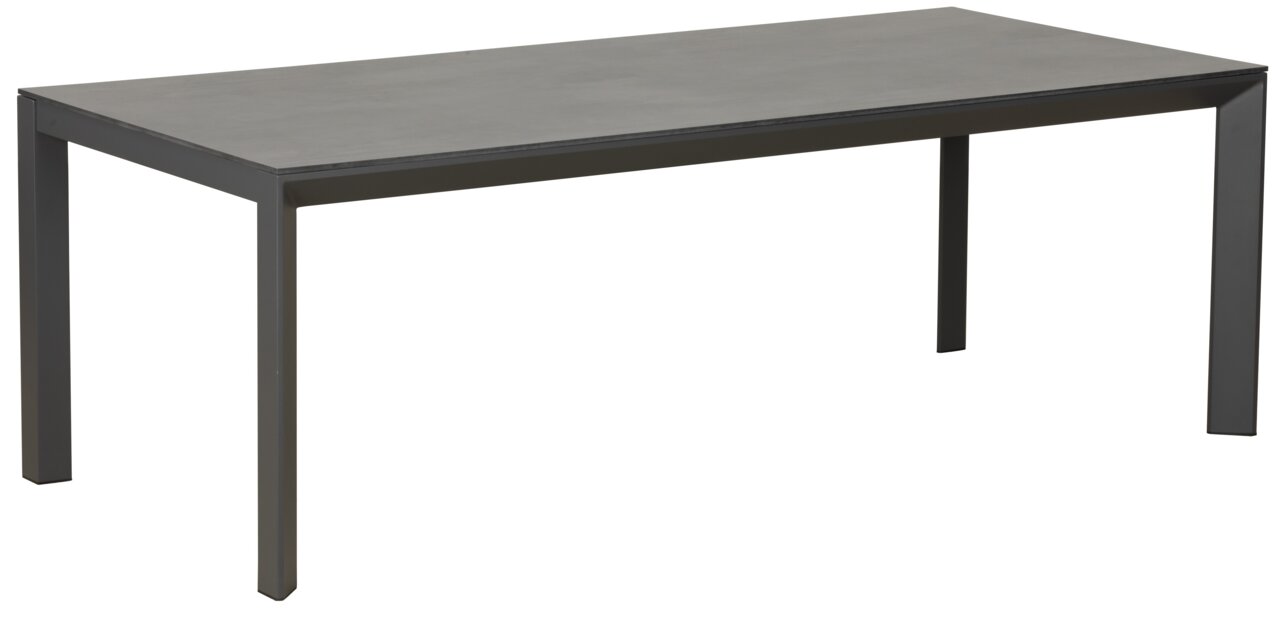 Moderner rechteckiger Gartentisch aus Metall in seitlicher Perspektive