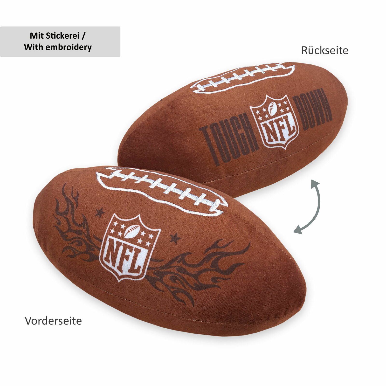 NFL Konturenkissen in Form eines Footballs mit Stickerei, Vorderseite zeigt NFL-Logo und Flammenmuster, Rückseite mit 'TOUCH DOWN' Schriftzug, Perspektive von oben.