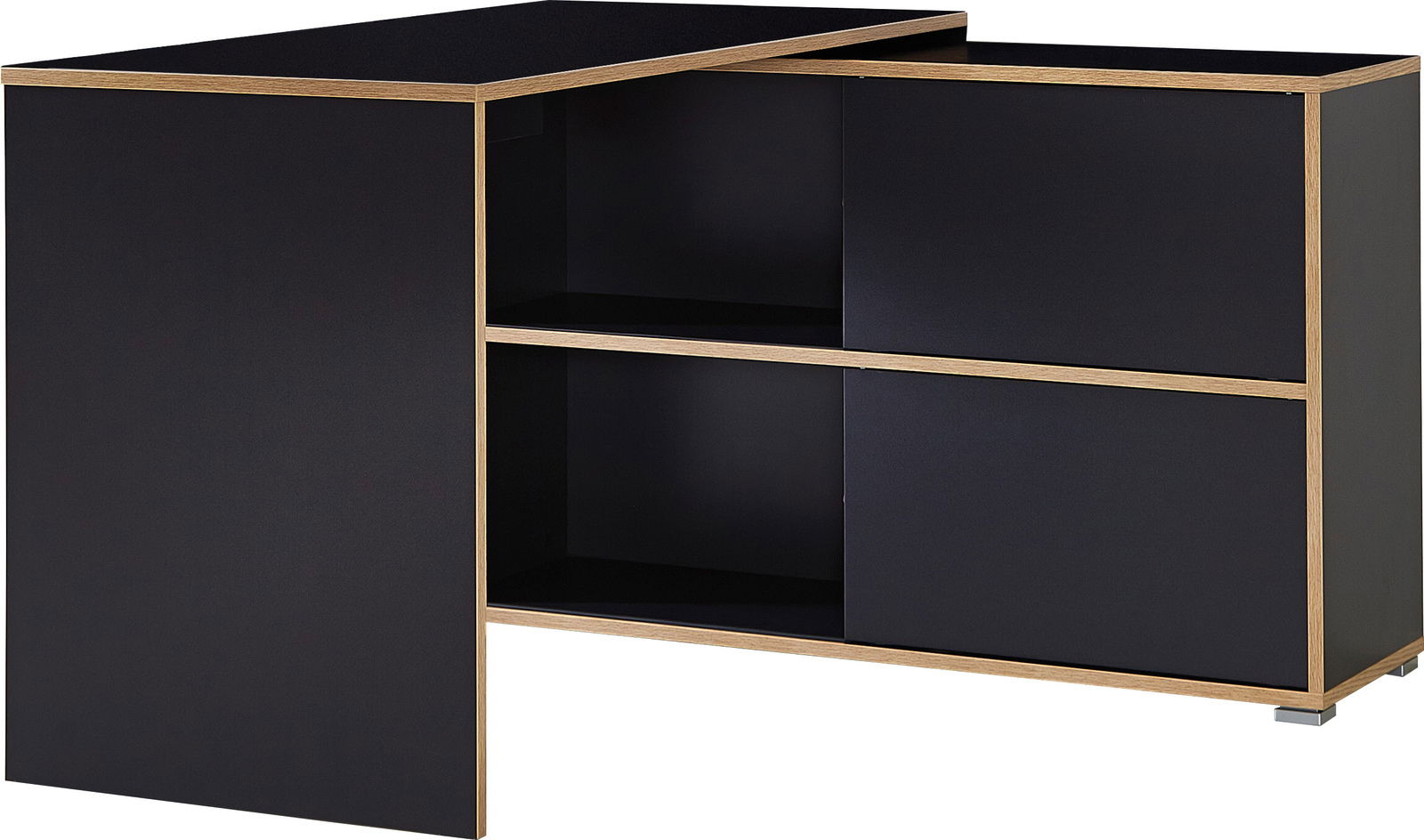 Moderner schwarzer Schreibtisch mit Holzrahmen, seitliche Perspektive