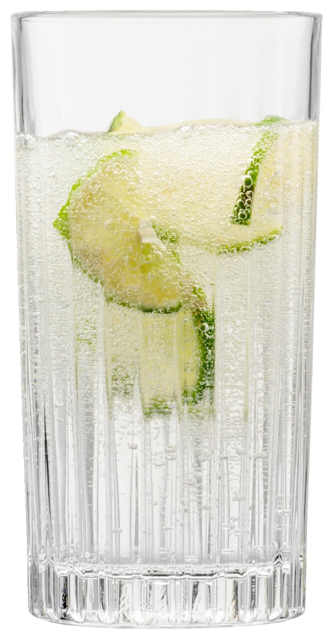 SCHOTT ZWIESEL Longdrinkglas-Set 4-tlg STAGE Longdrinkglas mit kohlensäurehaltigem Getränk und Limettenscheiben, frontale Ansicht
