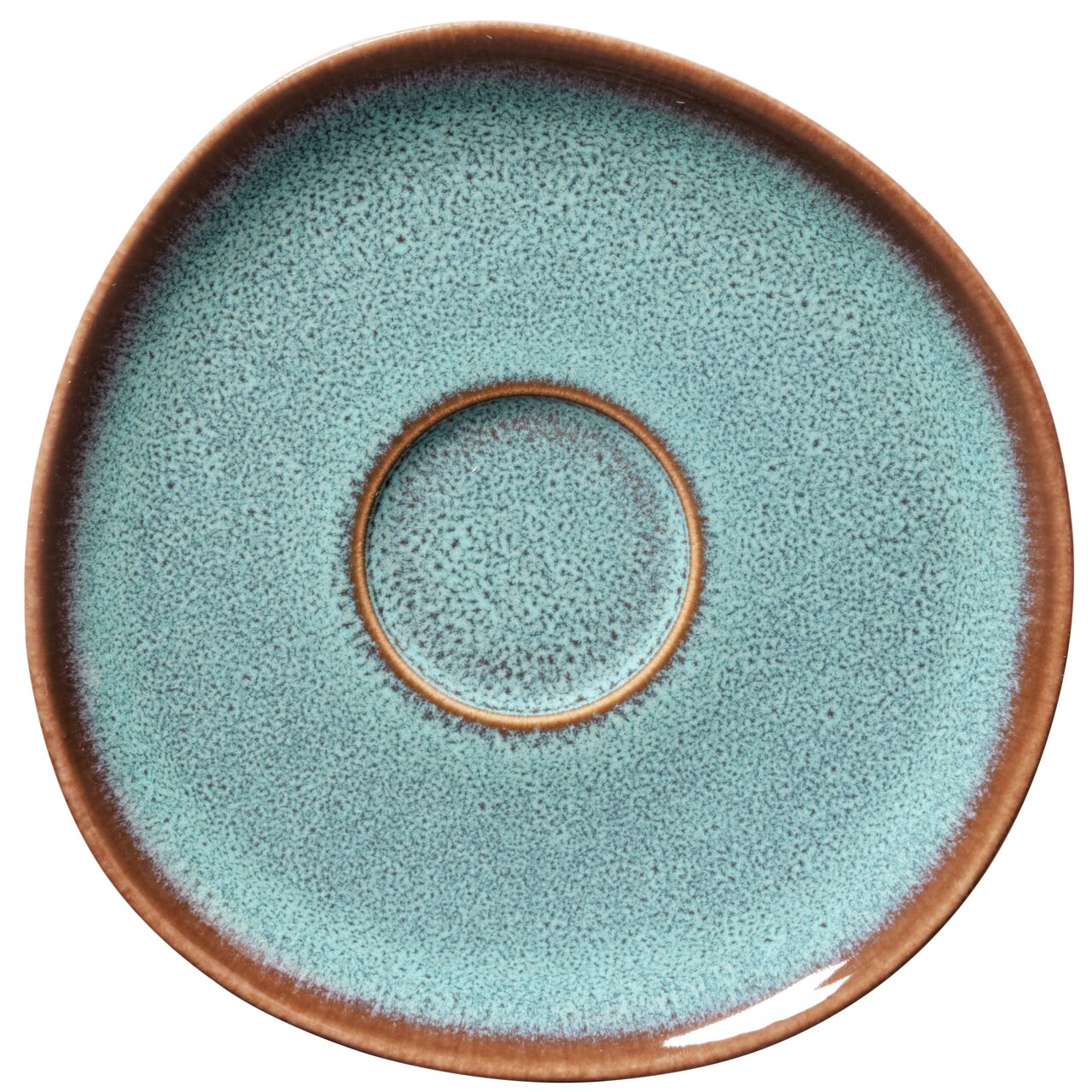 Kaffeeuntertasse Lave türkis, Draufsicht, mit organischer Form und türkis-brauner Glasur.