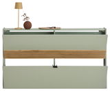 Frontale Ansicht eines modernen Garderoben-Sets in Taupegrün mit Holzdetails, dekoriert mit einer Lampe und einer Vase.