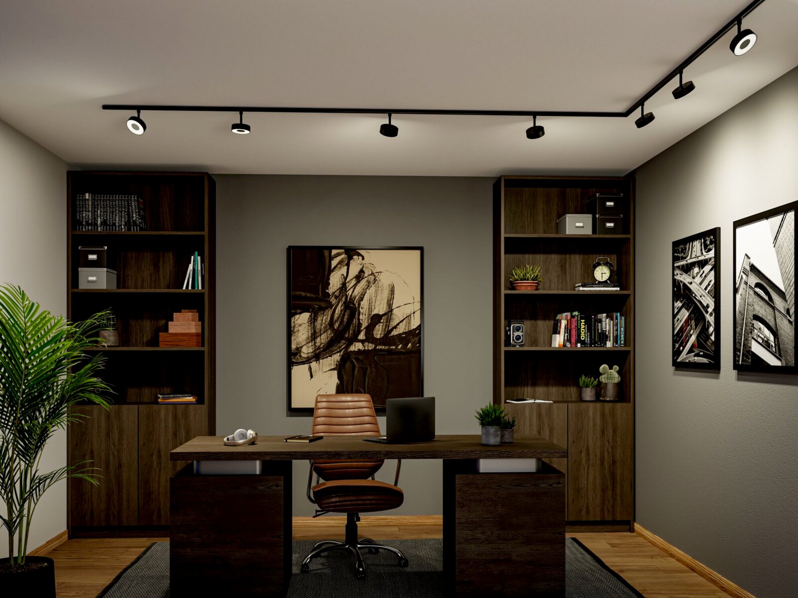 Modernes Homeoffice mit schwarzer Decken-Stromschiene und mehreren Spotlights über Schreibtisch, flankiert von dunklen Holzregalen; Frontansicht in leichter Untersicht.