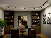 Modernes Homeoffice mit schwarzer Decken-Stromschiene und mehreren Spotlights über Schreibtisch, flankiert von dunklen Holzregalen; Frontansicht in leichter Untersicht.