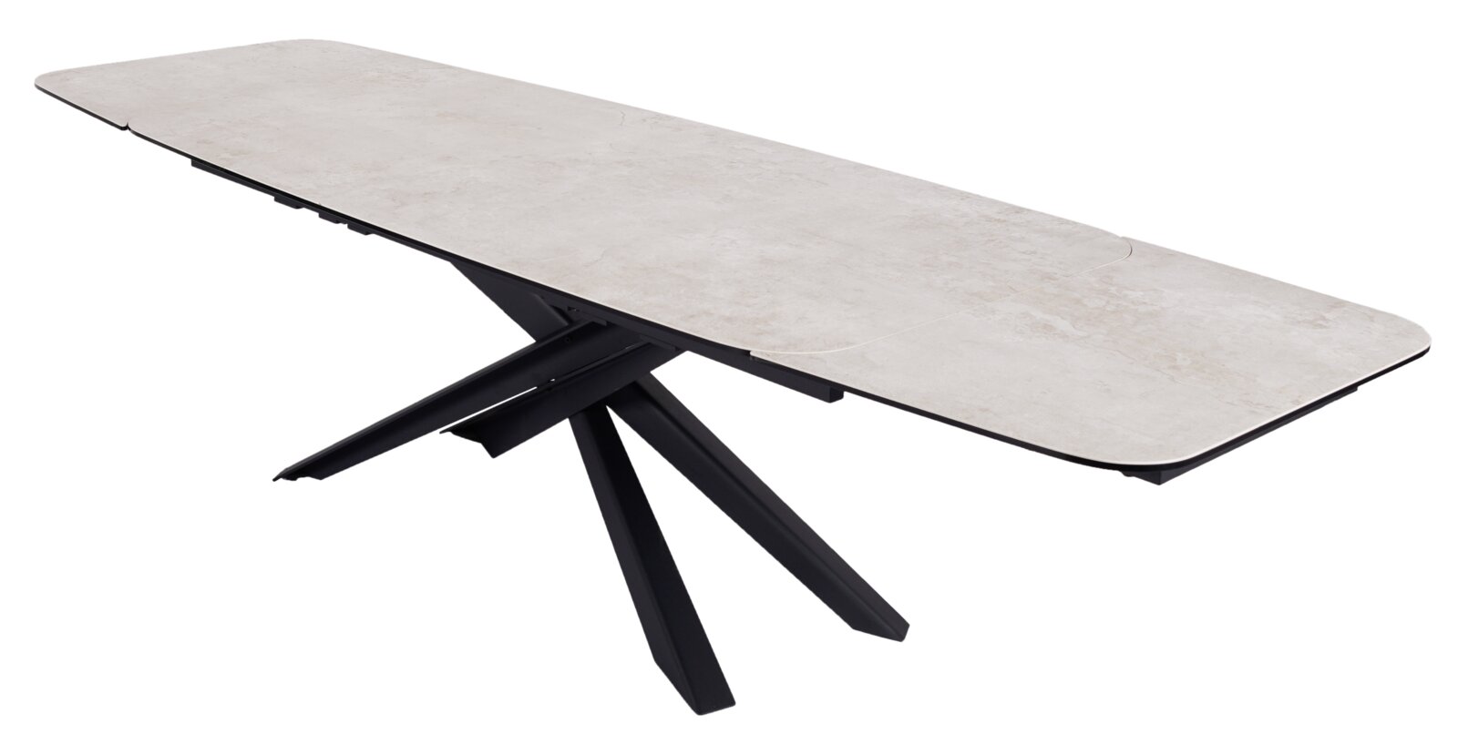 Moderner Esstisch mit heller Tischplatte und schwarzem, geometrischem Gestell, seitliche Perspektive