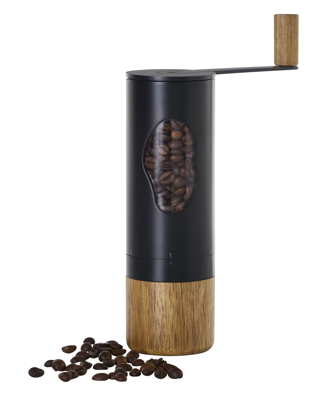 Kaffeemühle Mrs. Bean aus schwarzem Metall und Holz, seitliche Ansicht mit Kaffeebohnen im Sichtfenster und auf der Unterseite.