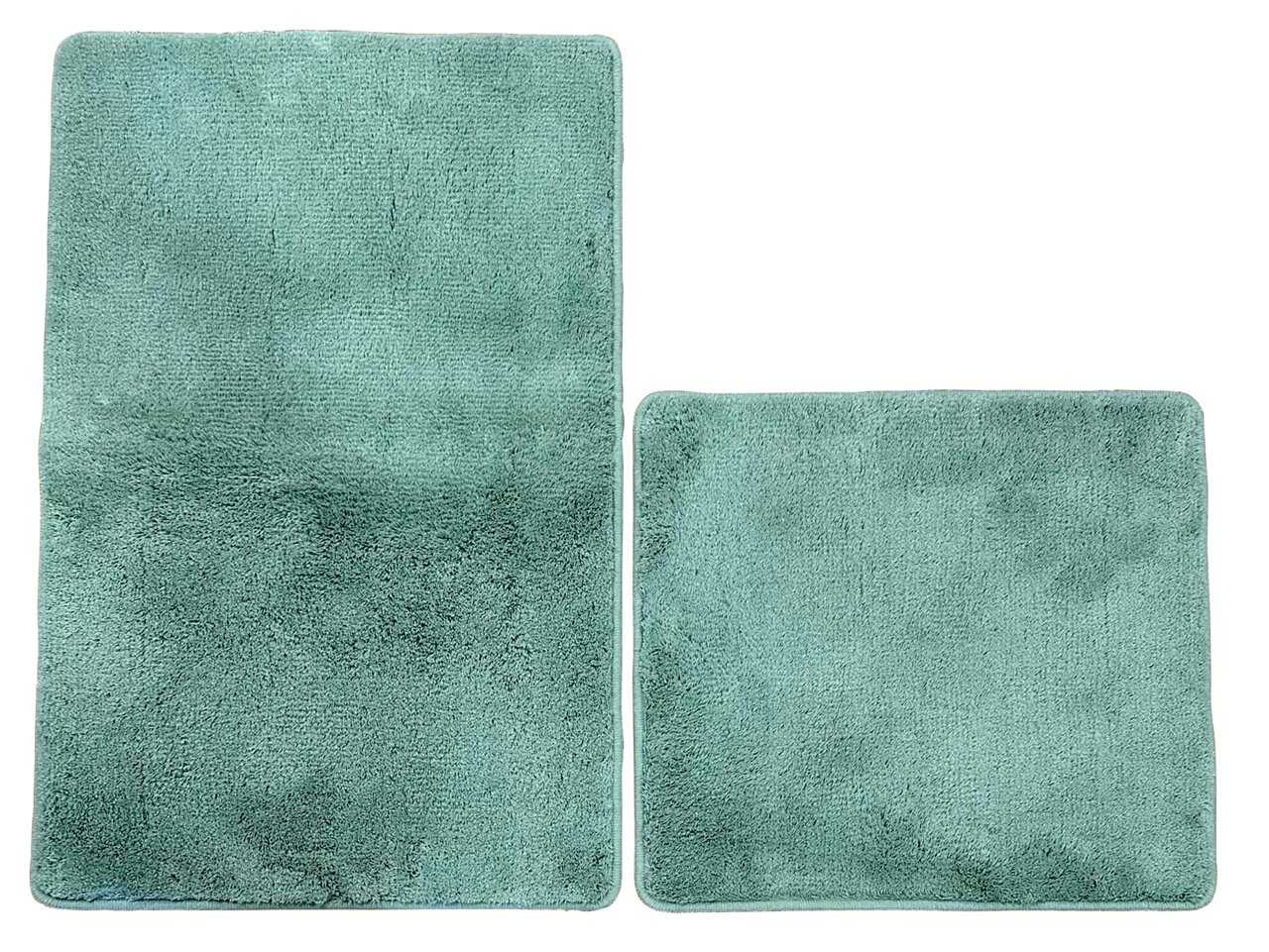 Zweiteiliges Badteppich-Set in Mintgrün, bestehend aus einem rechteckigen und einem quadratischen Teppich, aus der Vogelperspektive fotografiert.