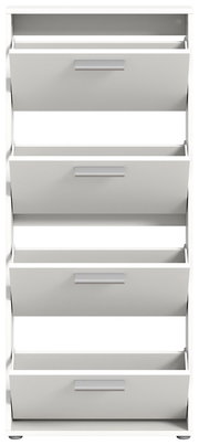 Schuhkipper mit vier Klappen in weißer Farbe, frontal betrachtet.