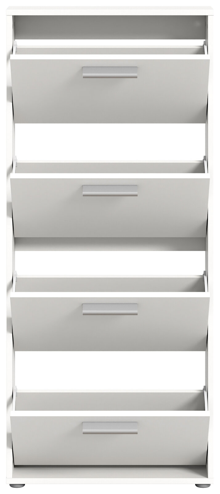 Schuhkipper mit vier Klappen in weißer Farbe, frontal betrachtet.