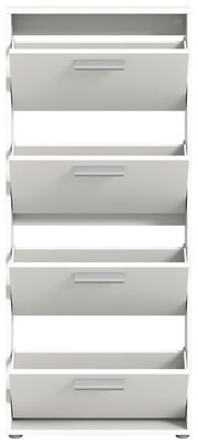 Schuhkipper mit vier Klappen in weißer Farbe, frontal betrachtet.