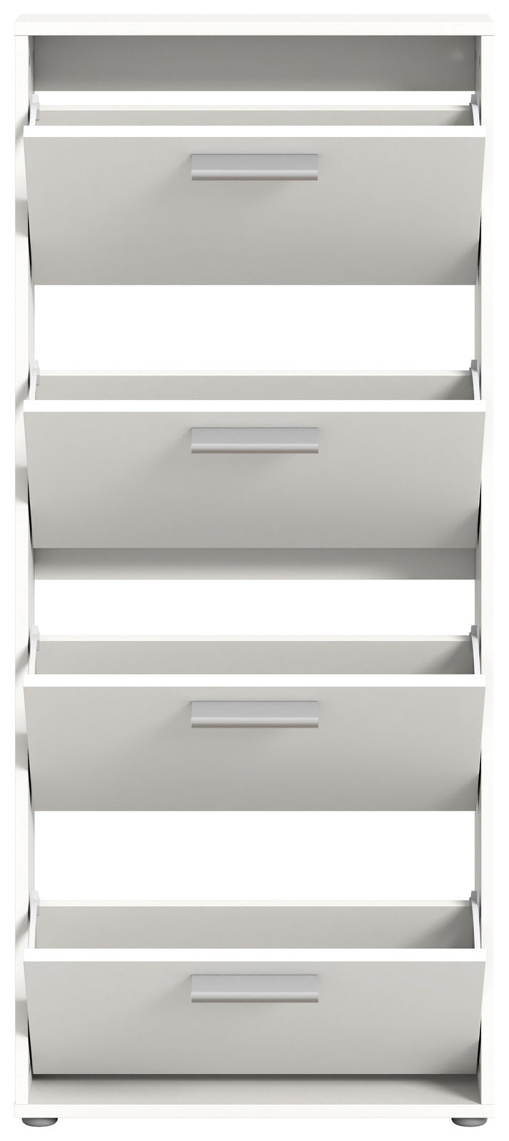 Schuhkipper mit vier Klappen in weißer Farbe, frontal betrachtet.