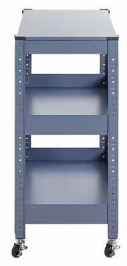 Vorderansicht eines blauen Servierwagens mit drei Regalböden und Rollen.
