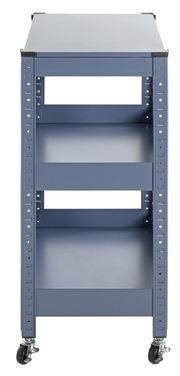 Vorderansicht eines blauen Servierwagens mit drei Regalböden und Rollen.