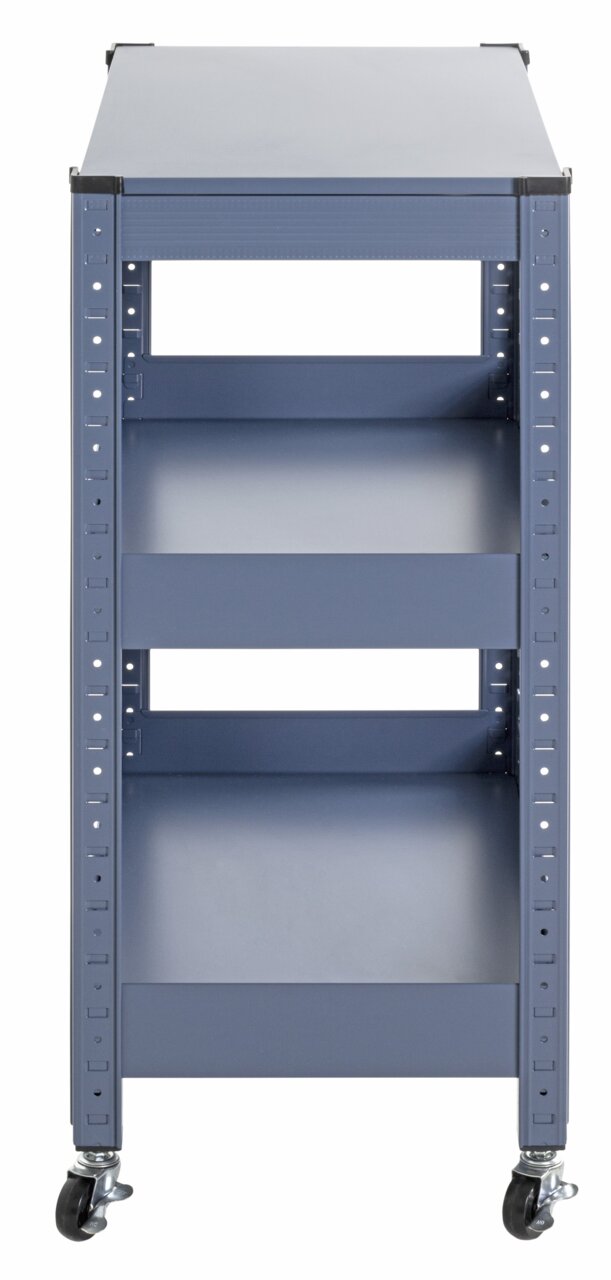 Vooraanzicht van een blauwe serveerwagen met drie planken en wieltjes.