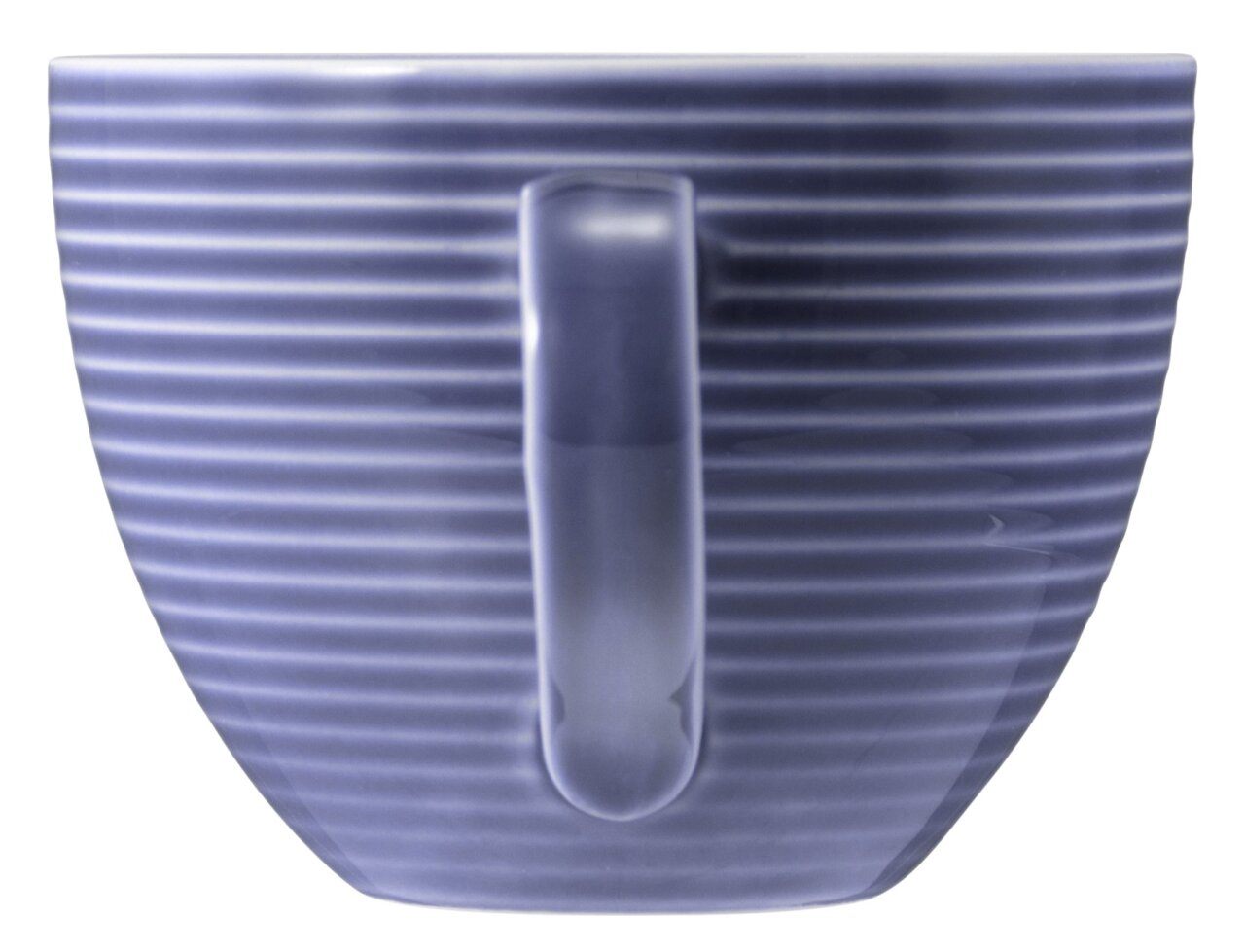 Lila Kaffeetasse mit horizontalen Rillen, seitliche Perspektive mit sichtbarem Henkel