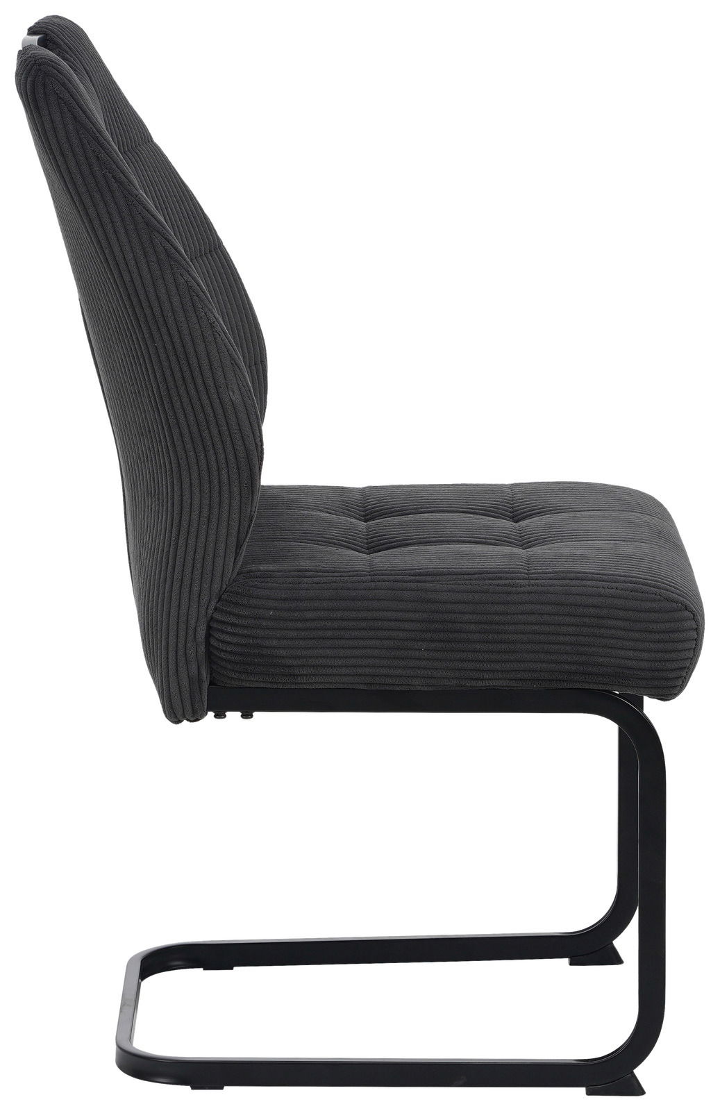 Seitenansicht eines modernen Schwingstuhls mit schwarzem, geripptem Stoffbezug und schwarzem Metallgestell.