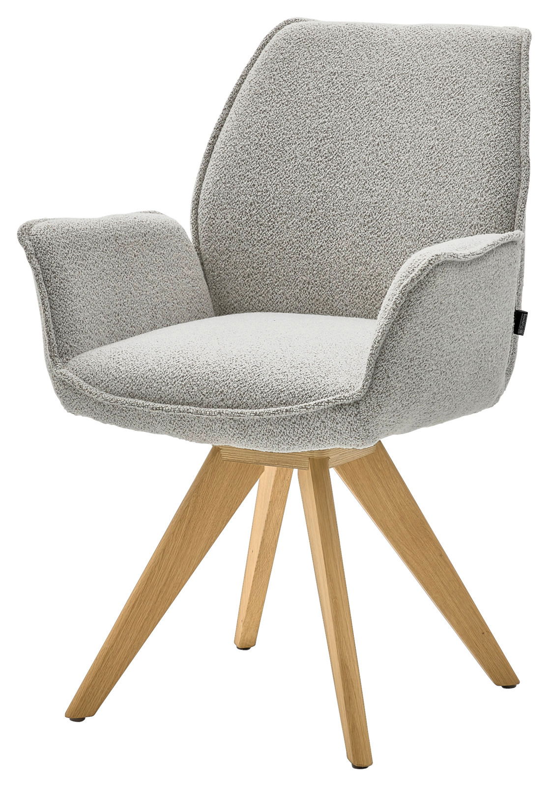 Moderner Armlehnstuhl mit hellgrauem Stoffbezug und Holzbeinen, seitliche Perspektive