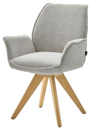 Moderner Armlehnstuhl mit hellgrauem Stoffbezug und Holzbeinen, seitliche Perspektive