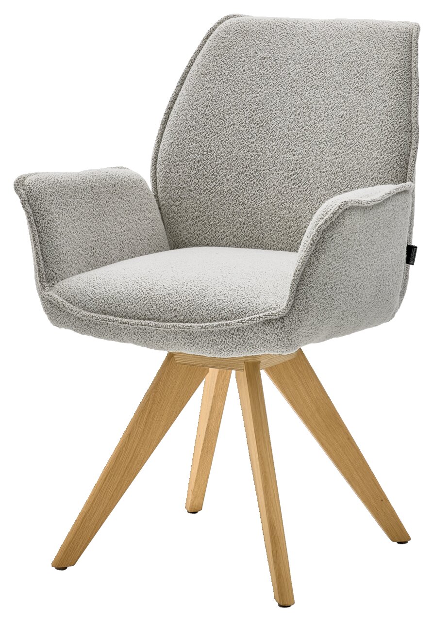 Moderner Armlehnstuhl mit hellgrauem Stoffbezug und Holzbeinen, seitliche Perspektive