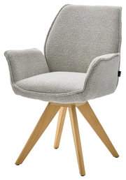 Moderner Armlehnstuhl mit hellgrauem Stoffbezug und Holzbeinen, seitliche Perspektive