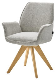 Moderne fauteuil met lichtgrijze stoffen bekleding en houten poten, zijaanzicht