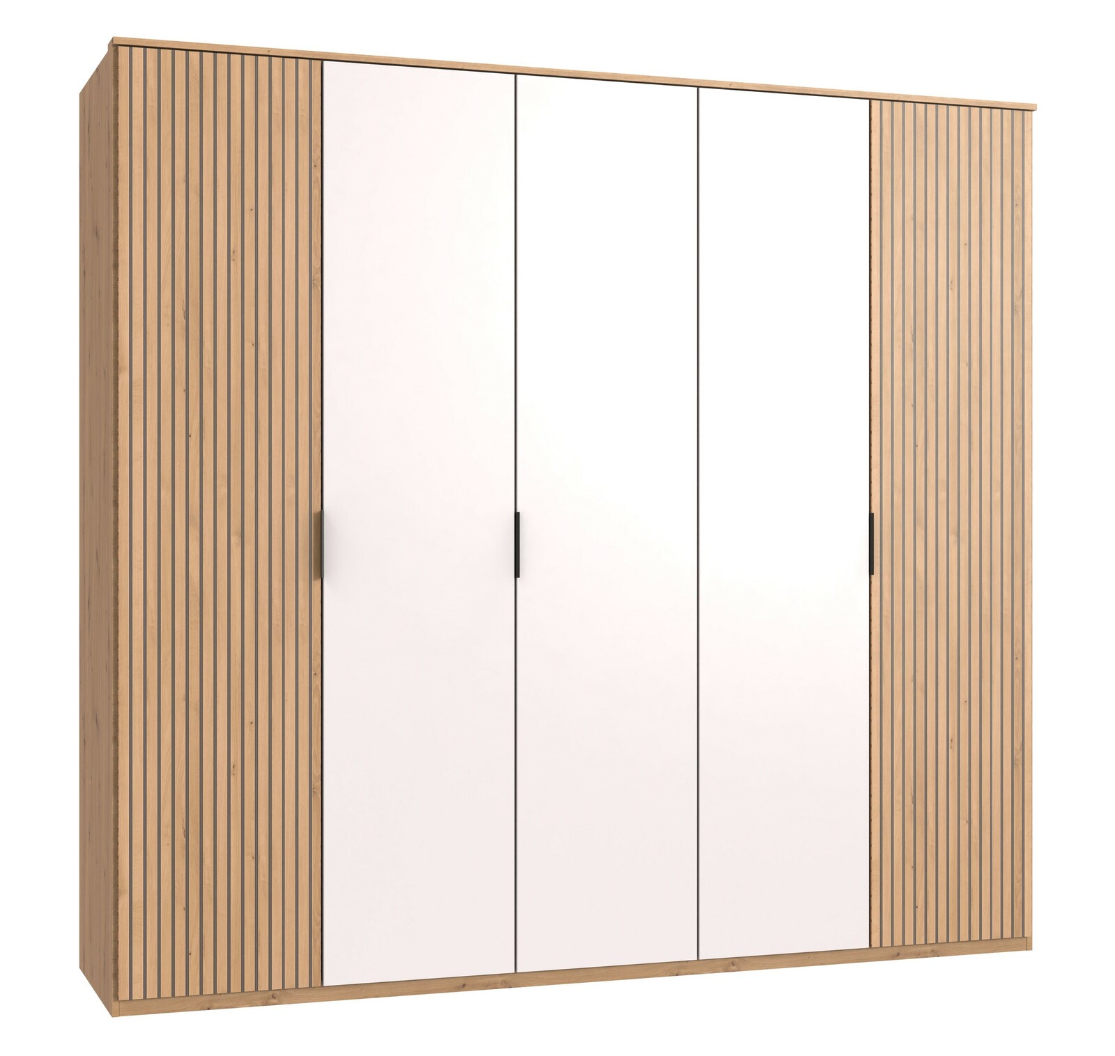 Moderner 5-türiger Drehtürenschrank Tunis mit weißen Türen und Holzlamellen an den Seiten, Frontalansicht.