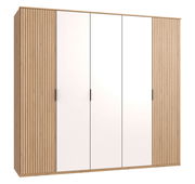 Moderner 5-türiger Drehtürenschrank Tunis mit weißen Türen und Holzlamellen an den Seiten, Frontalansicht.