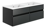 Moderne Badkombination mit zwei Waschbecken, schwarzem Unterschrank und seitlicher Perspektive