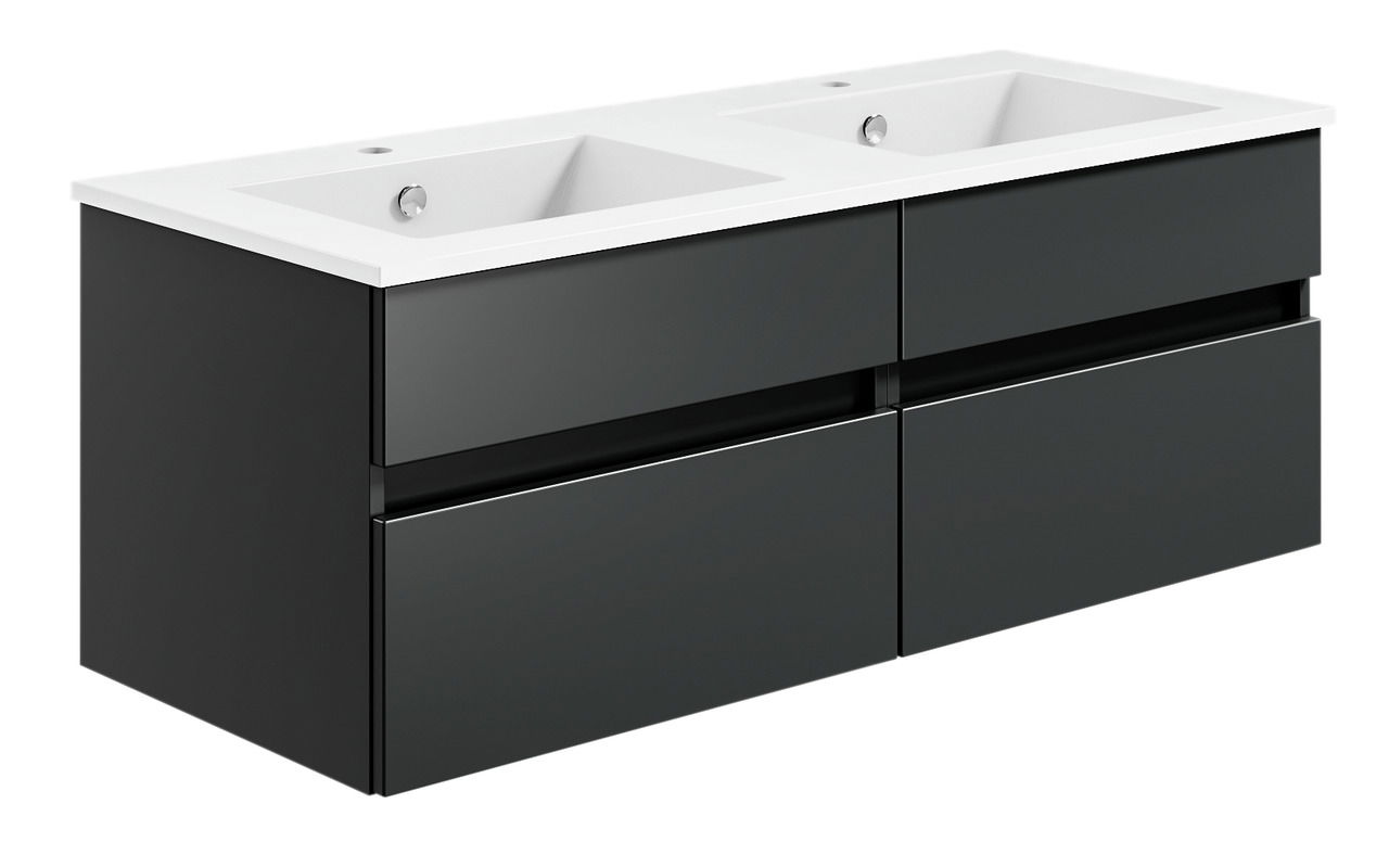 Moderne Badkombination mit zwei Waschbecken, schwarzem Unterschrank und seitlicher Perspektive