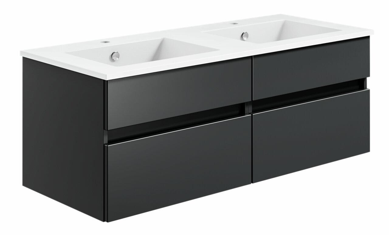 Moderne Badkombination mit zwei Waschbecken, schwarzem Unterschrank und seitlicher Perspektive