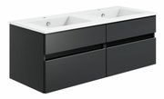Moderne Badkombination mit zwei Waschbecken, schwarzem Unterschrank und seitlicher Perspektive