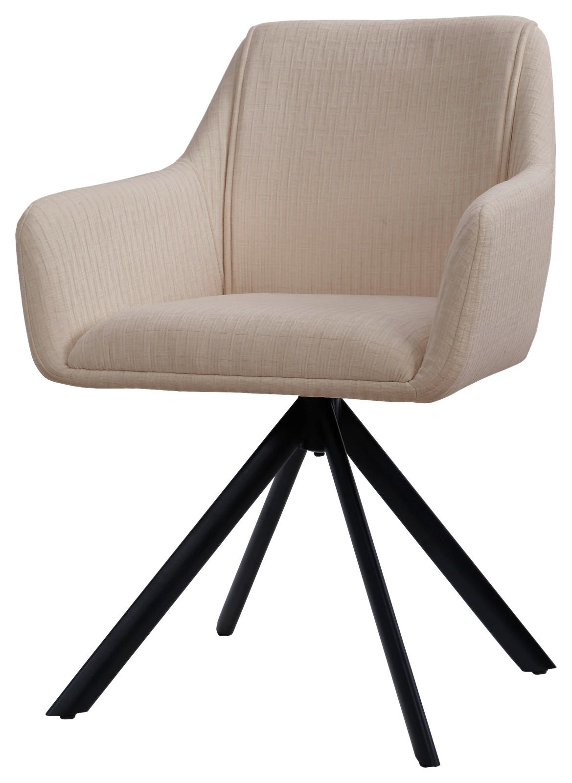Beiger Armlehnstuhl mit schwarzem Metallgestell, seitliche Perspektive