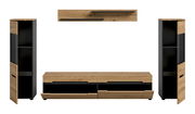 Wohnwand-Set im Industrial-Design mit TV-Lowboard, zwei hohen Vitrinenschränken und Wandboard, Holzoptik in Eiche mit schwarzen Fronten, frontal in leichter Perspektive dargestellt