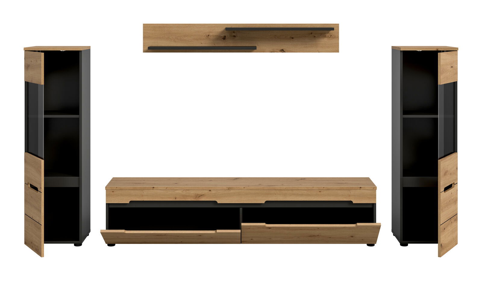 Wohnwand-Set im Industrial-Design mit TV-Lowboard, zwei hohen Vitrinenschränken und Wandboard, Holzoptik in Eiche mit schwarzen Fronten, frontal in leichter Perspektive dargestellt