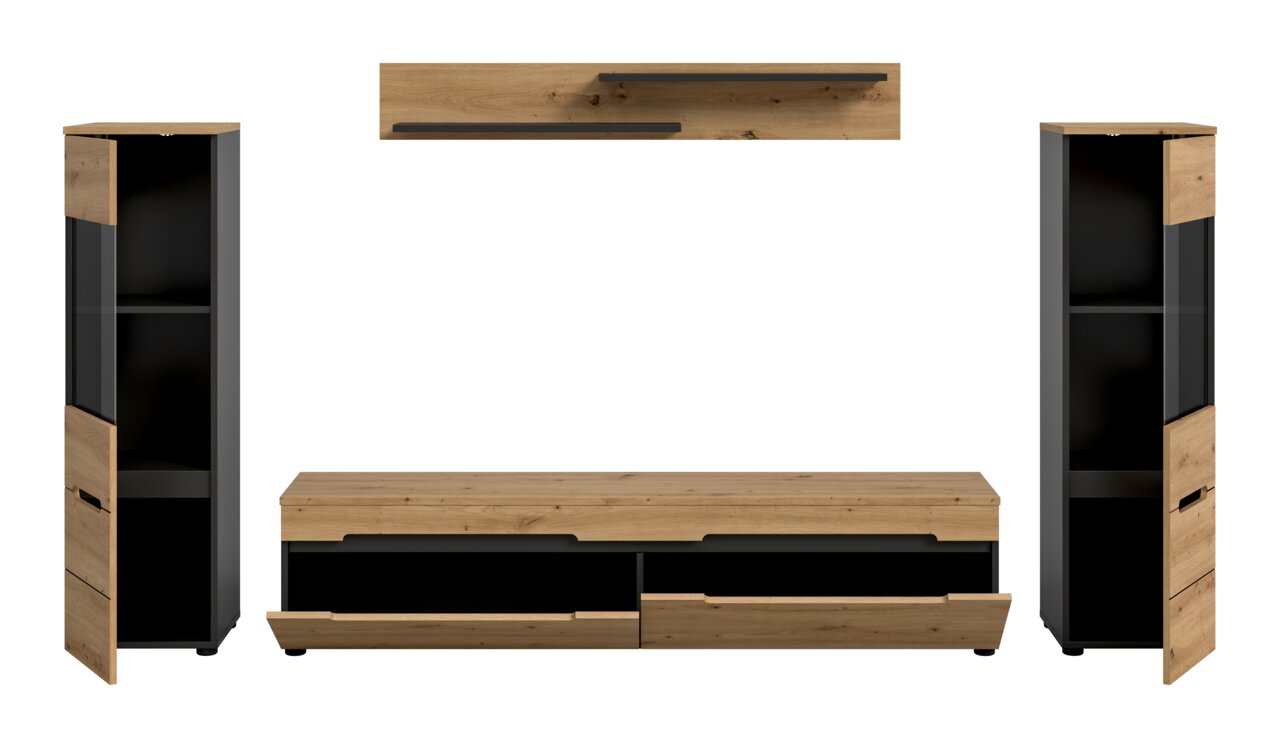 Wohnwand-Set im Industrial-Design mit TV-Lowboard, zwei hohen Vitrinenschränken und Wandboard, Holzoptik in Eiche mit schwarzen Fronten, frontal in leichter Perspektive dargestellt
