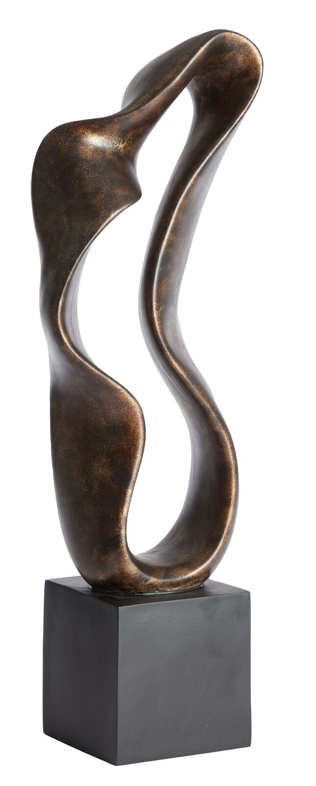 Abstrakte Skulptur aus Bronze auf einem schwarzen Sockel, seitliche Perspektive