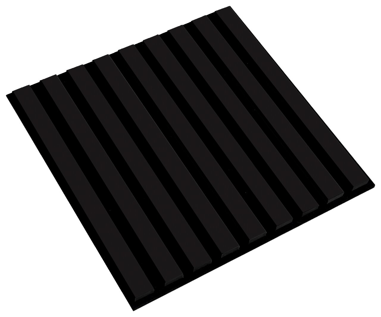 Zwart vierkant decoratief paneel met parallelle ribbels, in perspectief van bovenaf gezien.