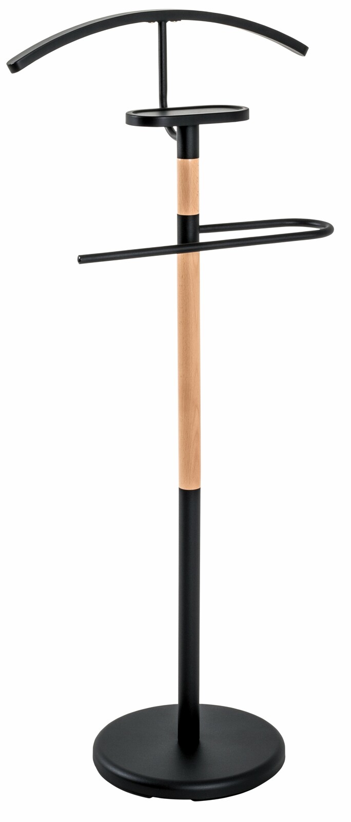 Moderner Herrendiener aus Metall und Holz, frontal abgebildet, mit Kleiderbügel und Ablage.