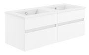 Weiße Badkombination mit zwei Waschbecken, frontal von der Seite betrachtet.