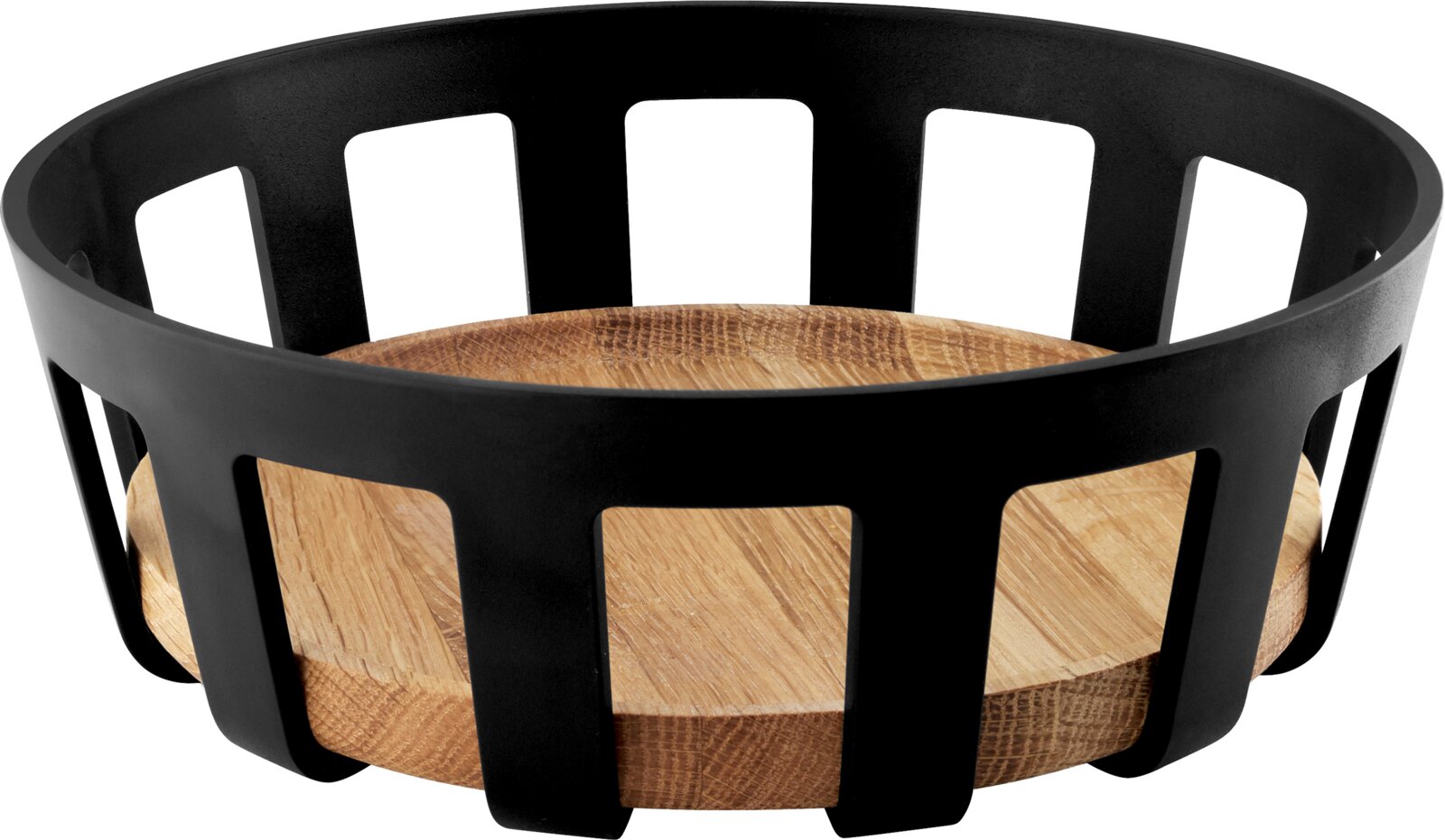 Eva Solo Broodmand S NORDIC KITCHEN Zwarte metalen broodmand met houten bodem, productfoto in licht schuin vooraanzicht